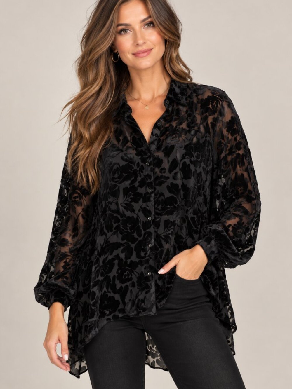 Jade by Melody Tam Black Silk Burnout Velvet Floral Tunic Blouse XL